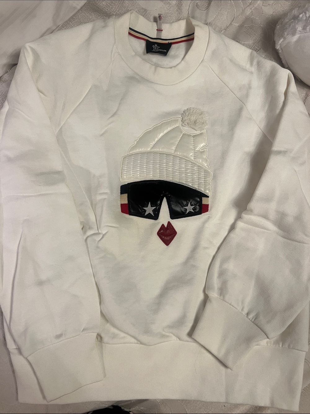 Moncler White Embroidered Crewneck with Tricolor and Black Accents